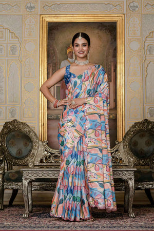 Multi Color Floral Printed Chinon Ready to Wear Saree