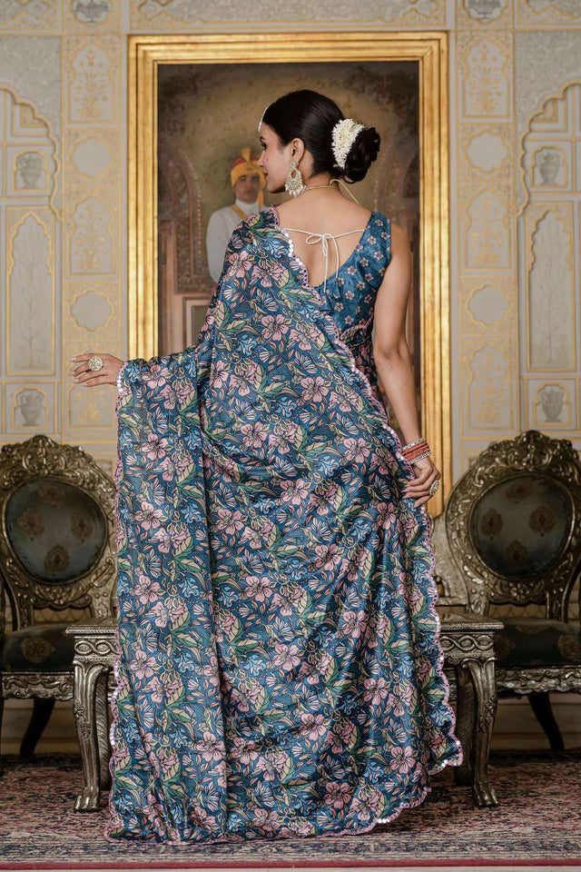 Green Floral Printed Chinon Ready to Wear Saree