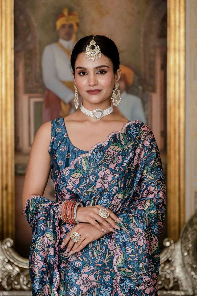 Green Floral Printed Chinon Ready to Wear Saree