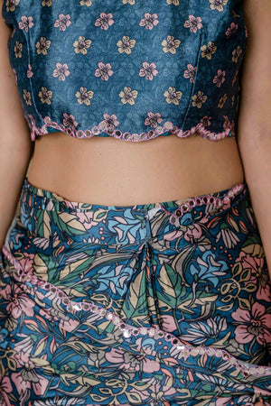 Green Floral Printed Chinon Ready to Wear Saree