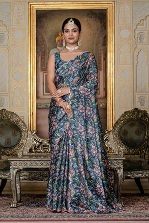 Green Floral Printed Chinon Ready to Wear Saree