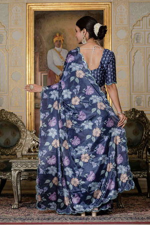 Lavender Floral Printed Chinon Ready to Wear Saree