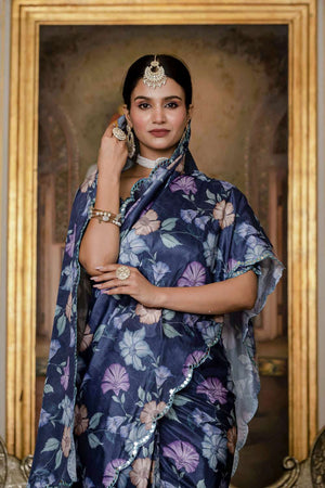 Lavender Floral Printed Chinon Ready to Wear Saree
