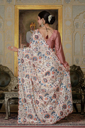 Cream Floral Printed Chinon Ready to Wear Saree