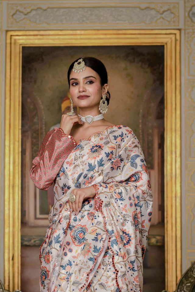 Cream Floral Printed Chinon Ready to Wear Saree