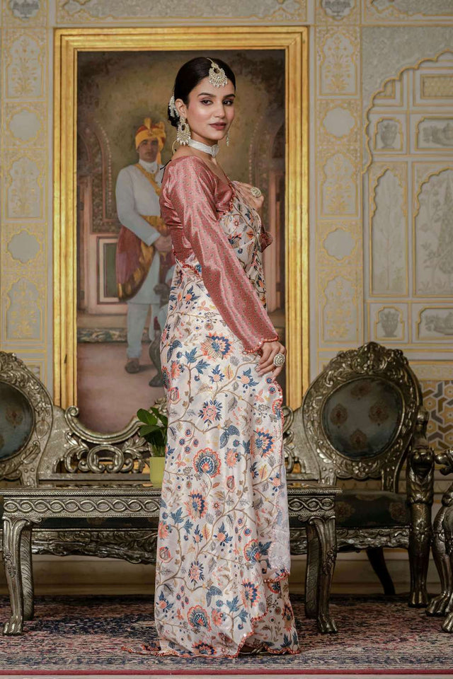 Cream Floral Printed Chinon Ready to Wear Saree