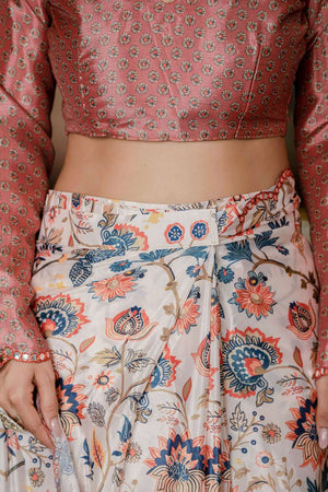 Cream Floral Printed Chinon Ready to Wear Saree