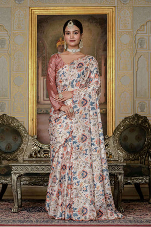 Cream Floral Printed Chinon Ready to Wear Saree