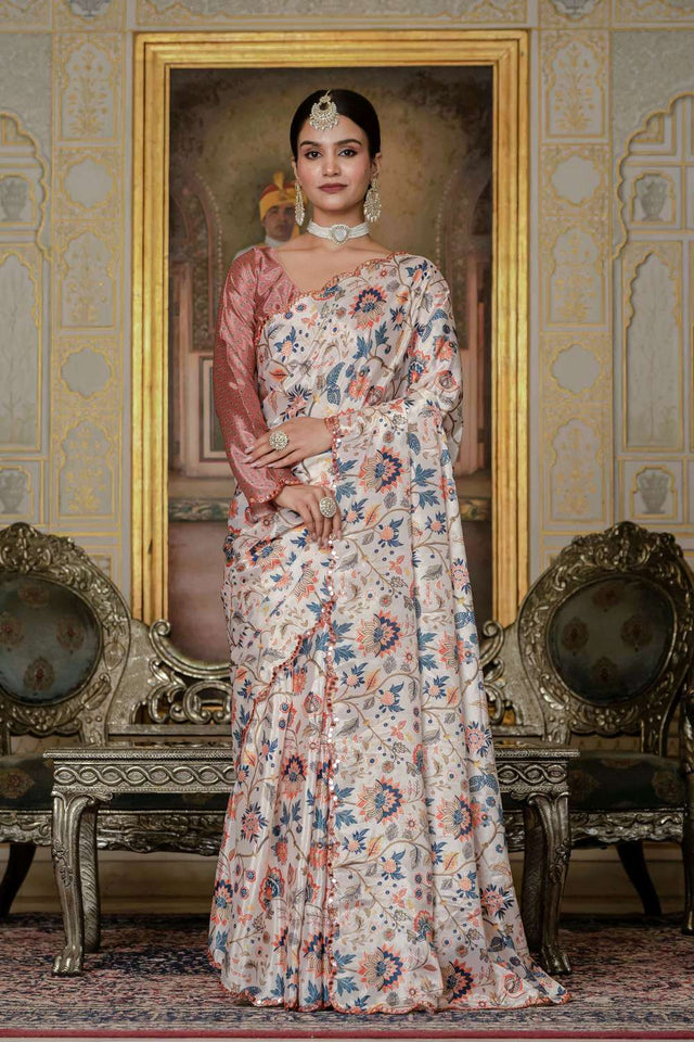 Cream Floral Printed Chinon Ready to Wear Saree