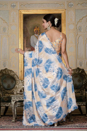 Off White Floral Printed Chinon Ready to Wear Saree