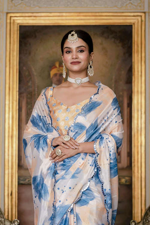 Off White Floral Printed Chinon Ready to Wear Saree