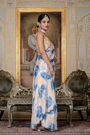 Off White Floral Printed Chinon Ready to Wear Saree