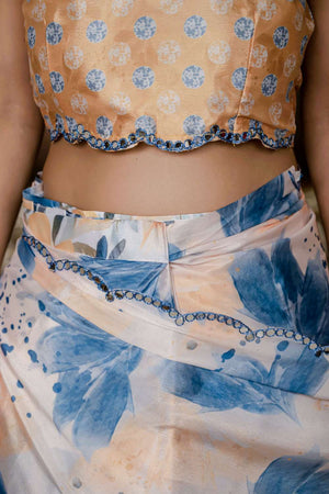 Off White Floral Printed Chinon Ready to Wear Saree