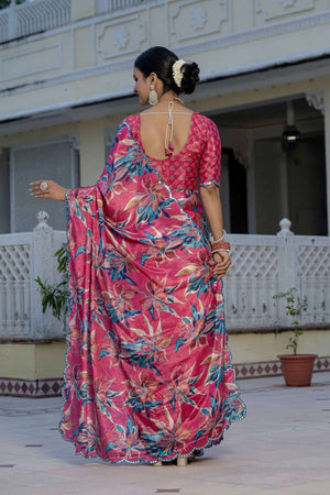 Pink Floral Printed Chinon Ready to Wear Saree
