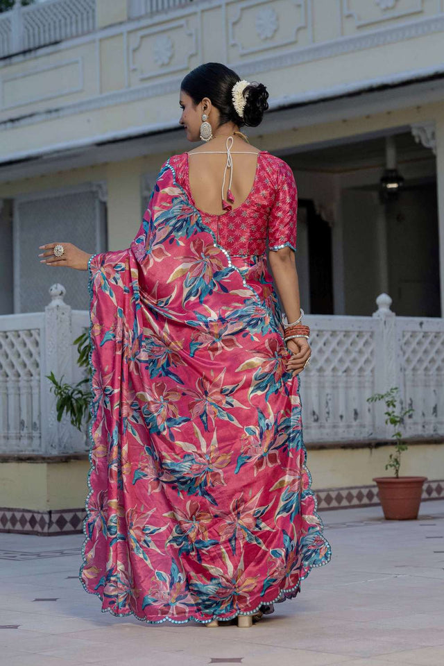 Pink Floral Printed Chinon Ready to Wear Saree