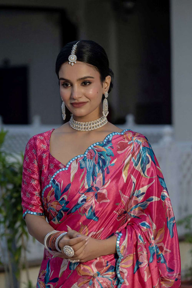 Pink Floral Printed Chinon Ready to Wear Saree