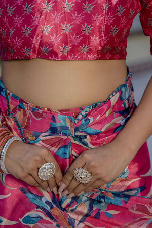 Pink Floral Printed Chinon Ready to Wear Saree