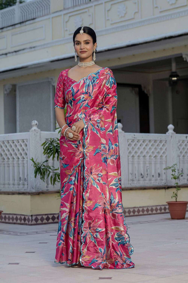 Pink Floral Printed Chinon Ready to Wear Saree