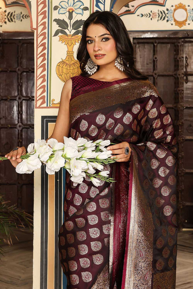 Maroon Woven Silk Blend Saree