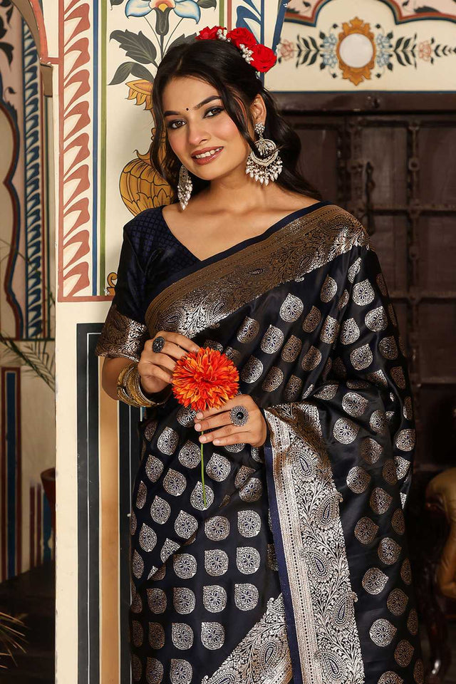 Blue Woven Silk Blend Saree