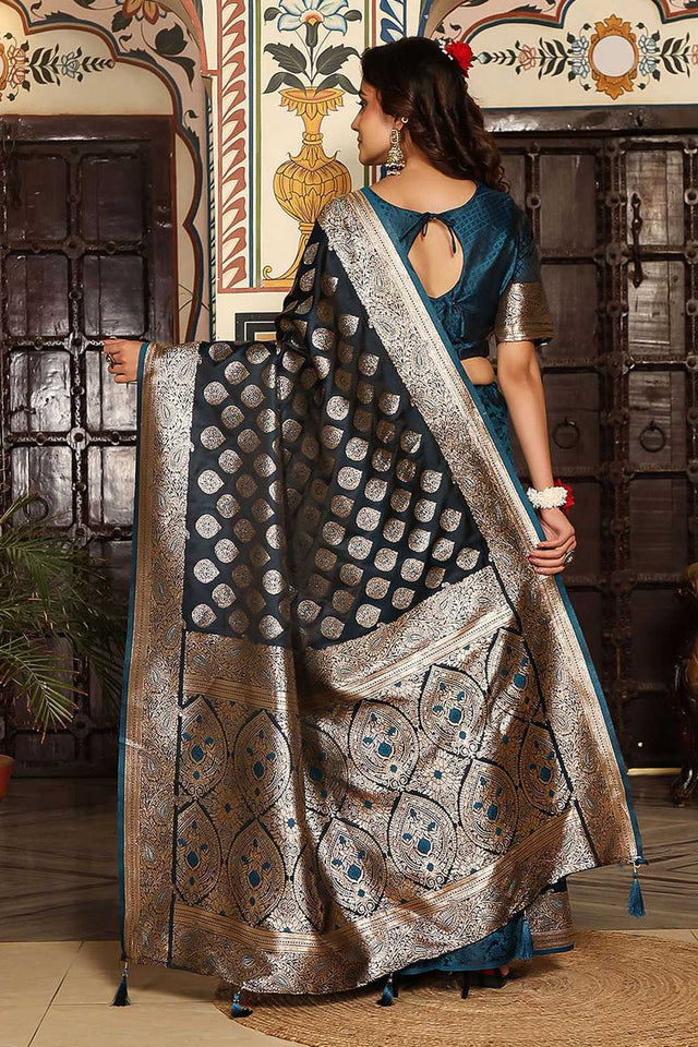 Turquoise Woven Silk Blend Saree