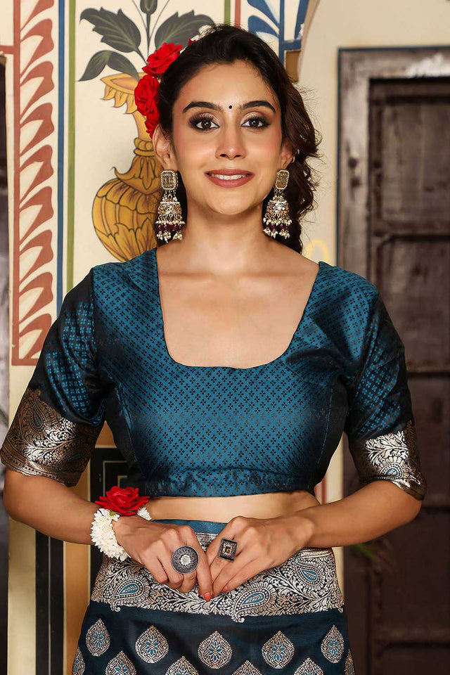 Turquoise Woven Silk Blend Saree