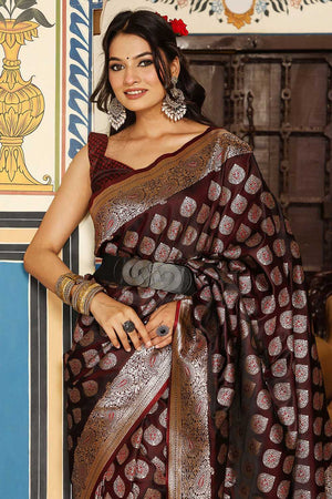 Wine Woven Silk Blend Saree