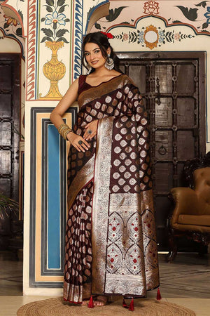 Wine Woven Silk Blend Saree