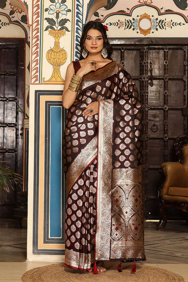 Wine Woven Silk Blend Saree