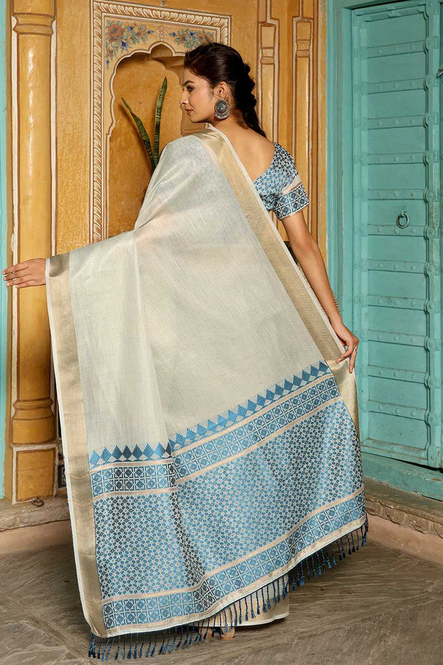 Sky Blue Woven Linen Saree