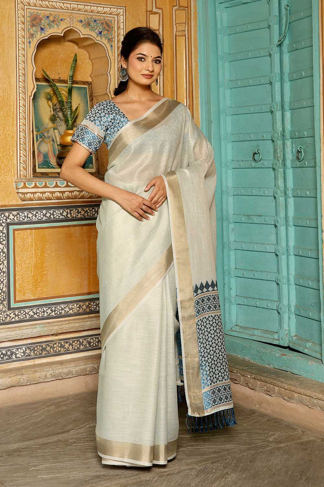 Sky Blue Woven Linen Saree
