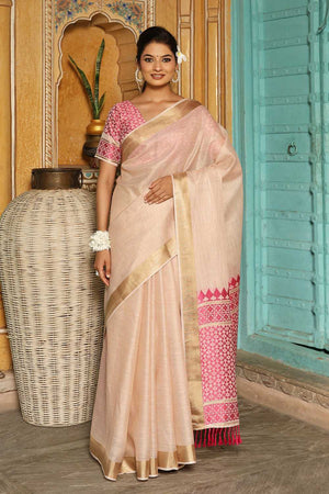 Pink Woven Linen Saree