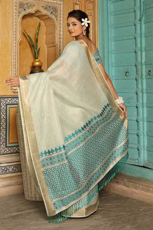 Turquoise Woven Linen Saree