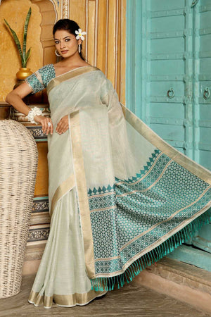 Turquoise Woven Linen Saree