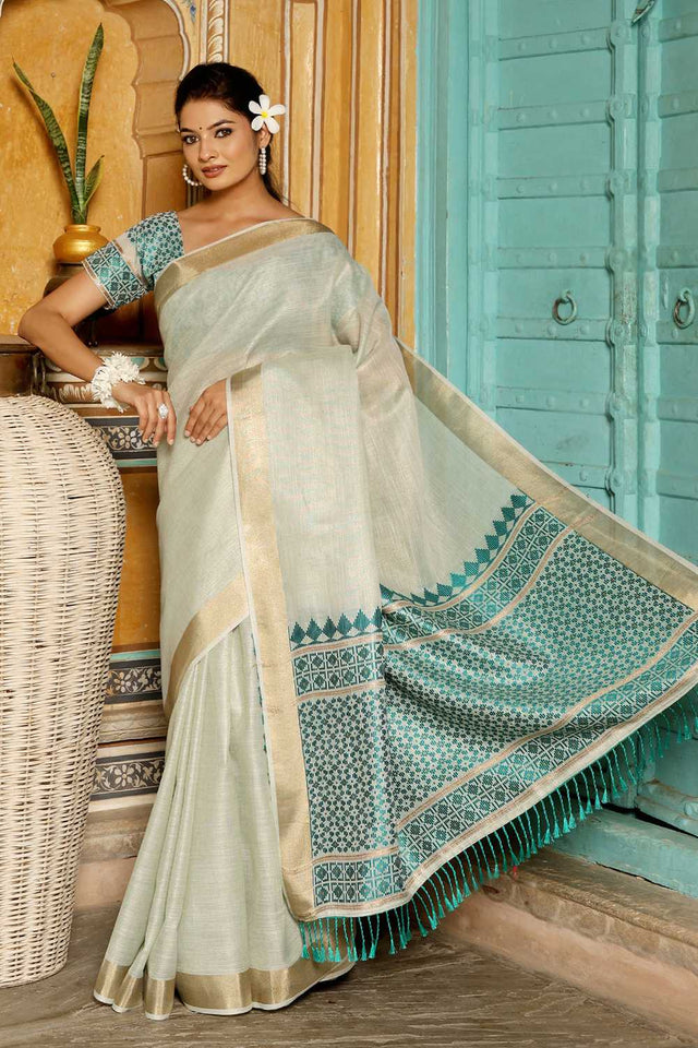 Turquoise Woven Linen Saree
