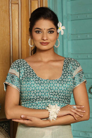 Turquoise Woven Linen Saree