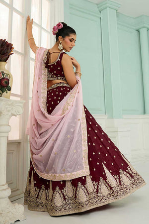 Maroon Floral Embroidered Organza Lehenga