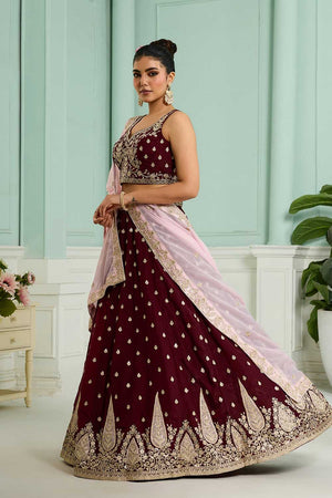 Maroon Floral Embroidered Organza Lehenga