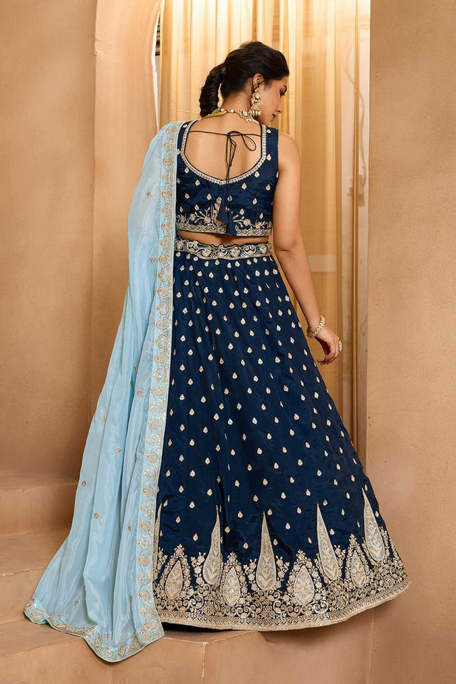 Blue Floral Embroidered Organza Lehenga