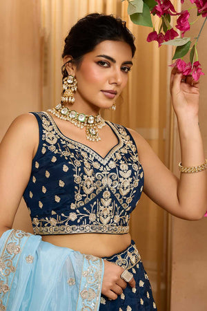 Blue Floral Embroidered Organza Lehenga