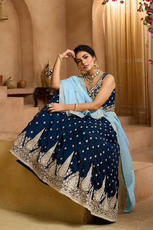 Blue Floral Embroidered Organza Lehenga