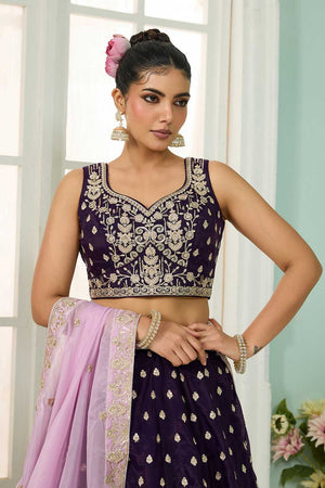 Purple Floral Embroidered Organza Lehenga