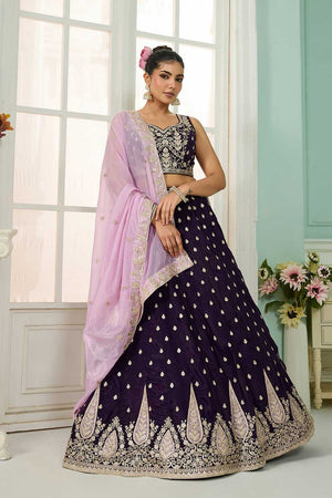Purple Floral Embroidered Organza Lehenga