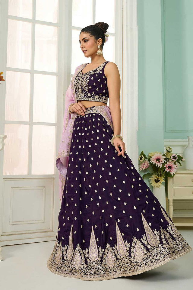 Purple Floral Embroidered Organza Lehenga