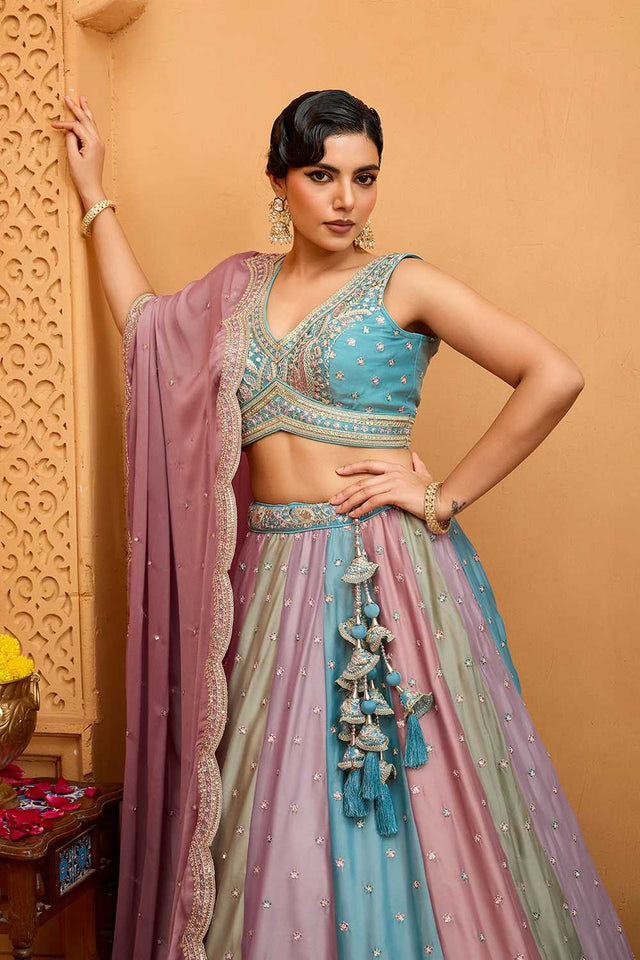 Multi-Color Floral Embroidered Georgette Lehenga