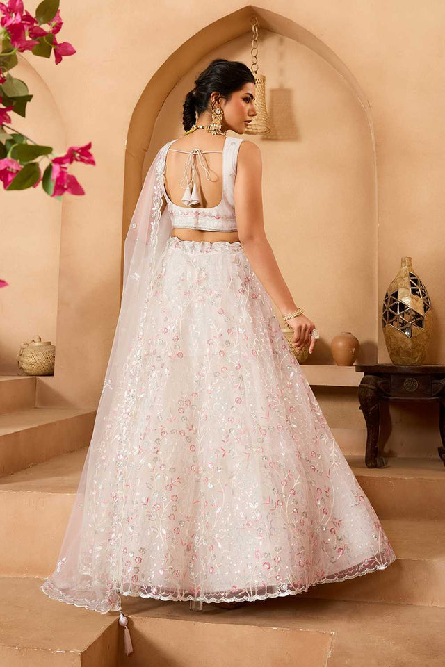 Cream Floral Embroidered Net Lehenga