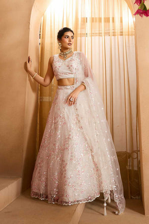 Cream Floral Embroidered Net Lehenga