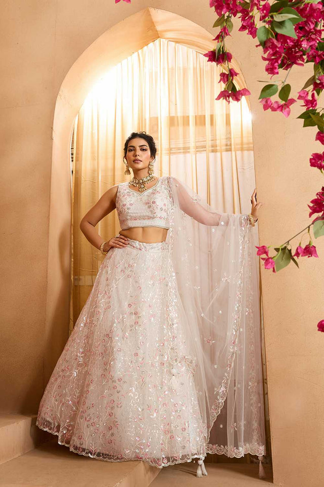 Cream Floral Embroidered Net Lehenga