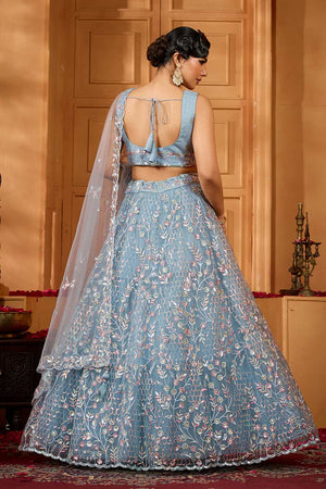 Grey Floral Embroidered Net Lehenga