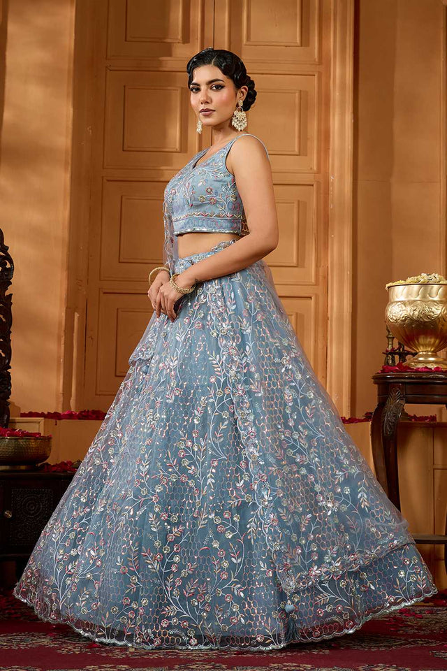 Grey Floral Embroidered Net Lehenga